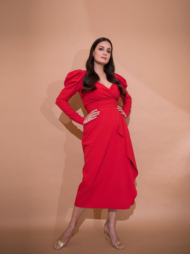 Dia Mirza is an elegant ‘mama at work’ in red drape midi dress