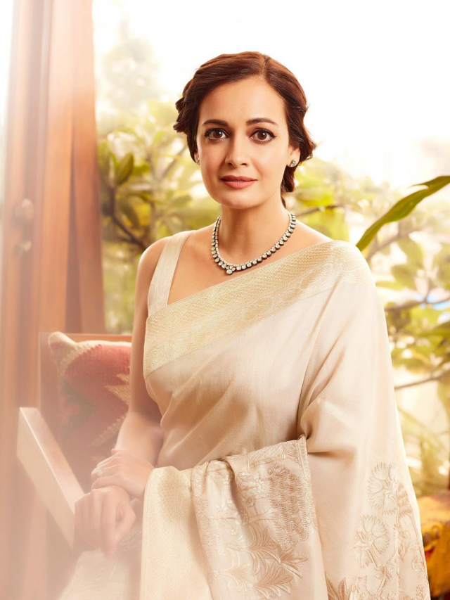 Dia Mirza Traditional look in ivory Banarasi saree