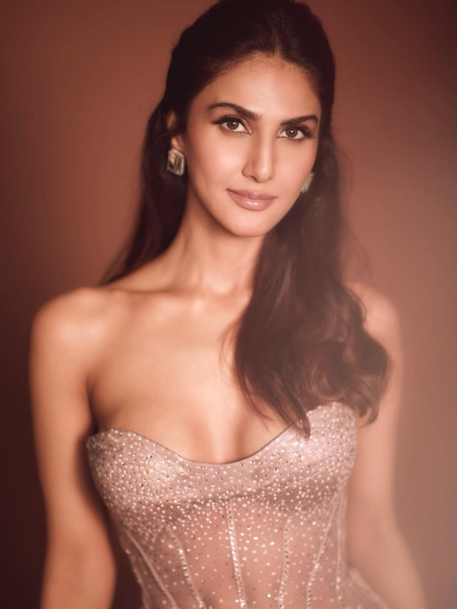 Vaani Kapoor Bold look in rose gold corset top, flared trousers