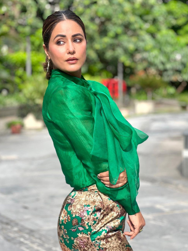 Hina Khan aces formal fashion game in green top and printed trouser