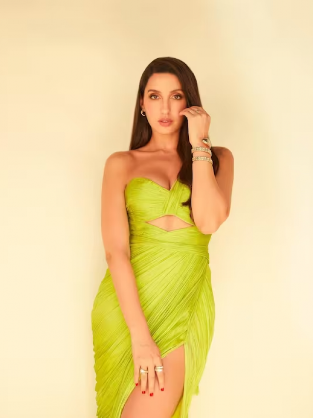 नोरा फतेही का ग्रीन गाउन में बोल्ड लुक