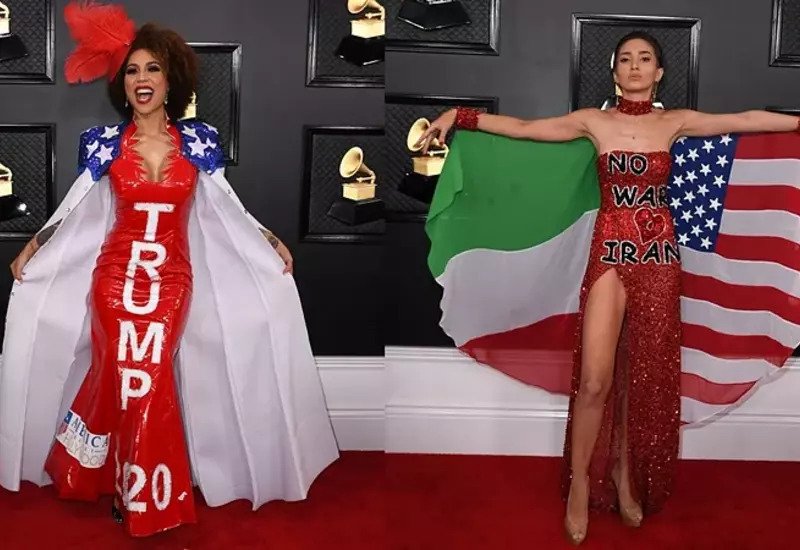 Singer Ricky Rebel shows 'Impeach This' written on butt cheeks at Grammys