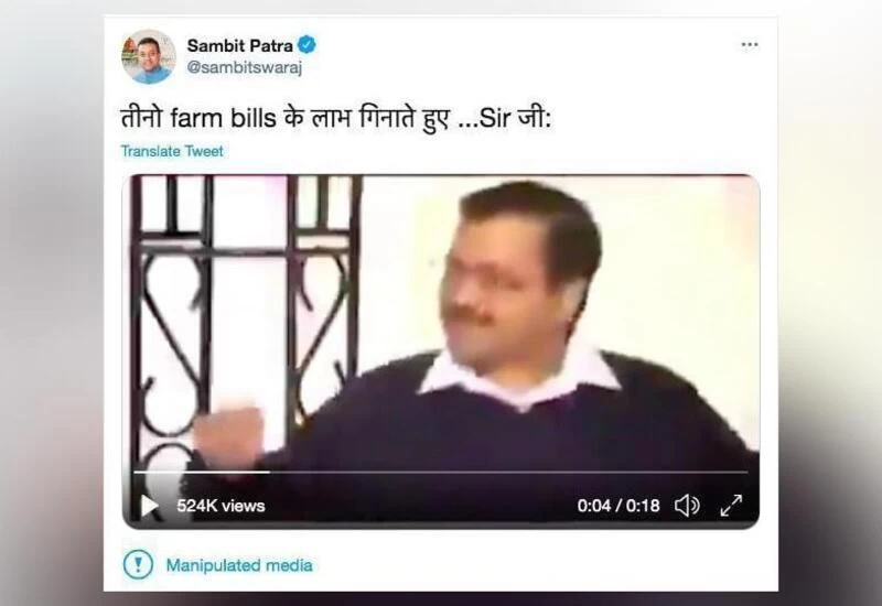 Sambit Patra tweets fake video of Kejriwal praising farm laws