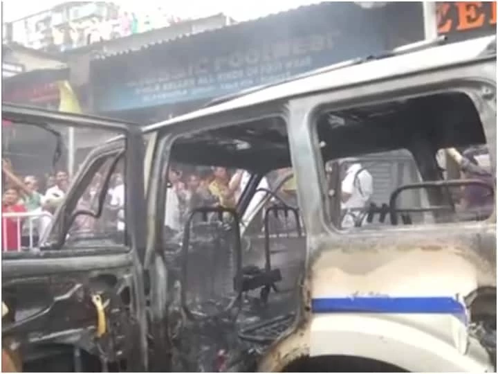 During the BJPs demonstration in Kolkata, there was a huge uproar the police car was burnt.