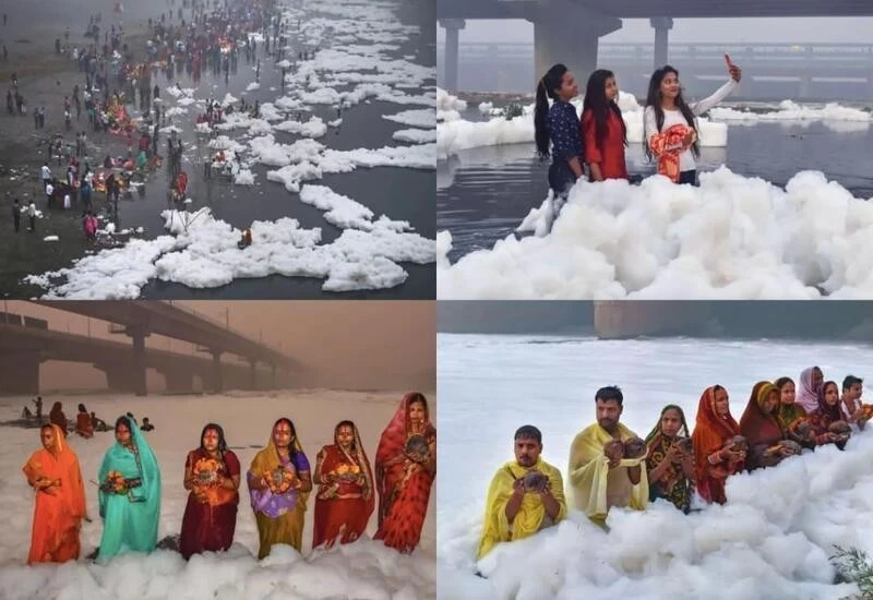 Devotees in Delhi stand knee-deep in toxic foam in Yamuna for Chhath Puja