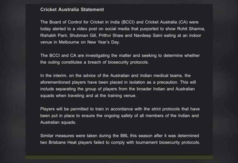 What did Cricket Australia say about Team India cricketers' restaurant incident?