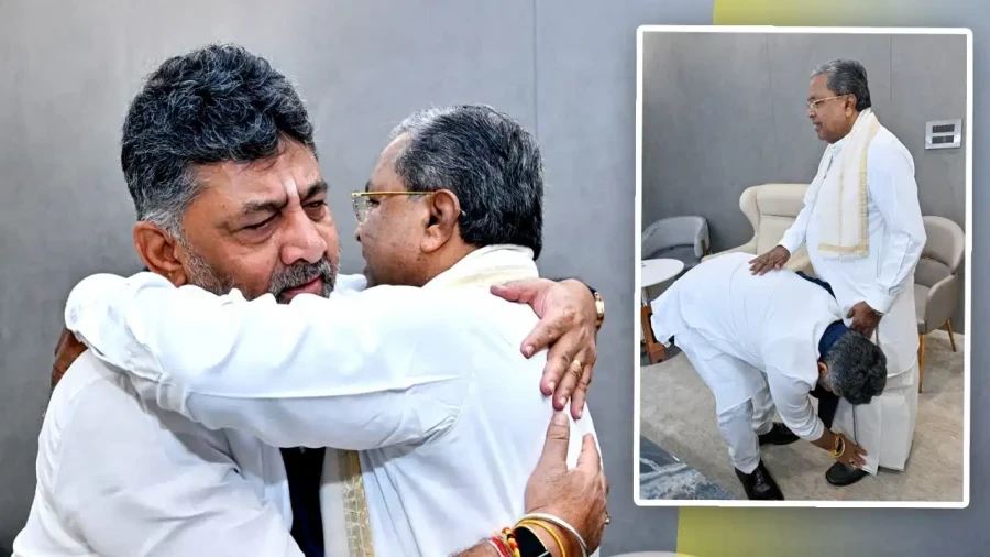 Siddaramaiah Resigns: Karnataka CM Hugs DK Shivakumar, Touches Feet Before Exit