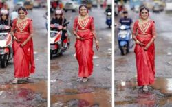Bride walks in road full of rain water and potholes see viral video 