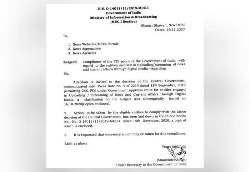 Reduce foreign funding to 26% by Oct 15, 2021: Govt to digital media