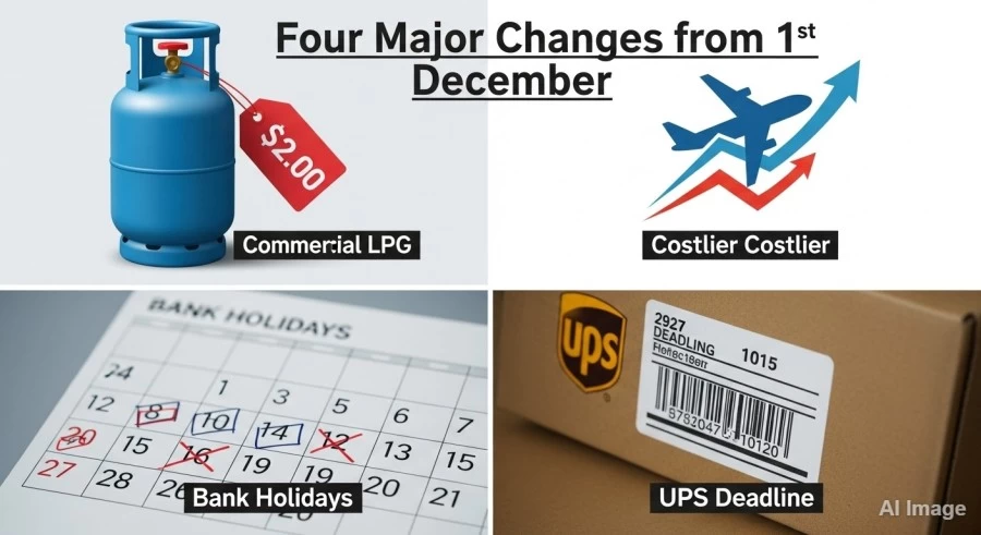 Four Major Changes from December 1st: Commercial LPG Cheaper, Air Fuel Costlier, Bank Holidays, and UPS Deadline