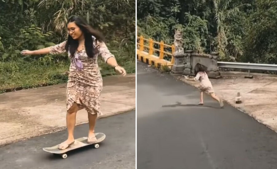 स्केटबोर्ड पर सवार लड़की पलभर में ऐसे धड़ाम से गिरी, VIDEO देख नहीं रोक पाएंगे हंसी