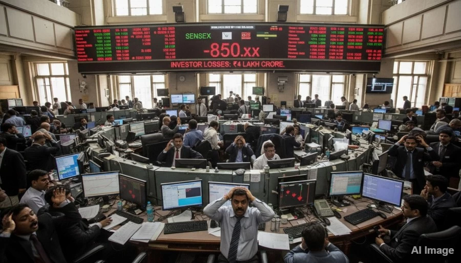 शेयर बाजार में बड़ी गिरावट: सेंसेक्स 850 अंक टूटा, निवेशकों के ₹4 लाख करोड़ डूबे