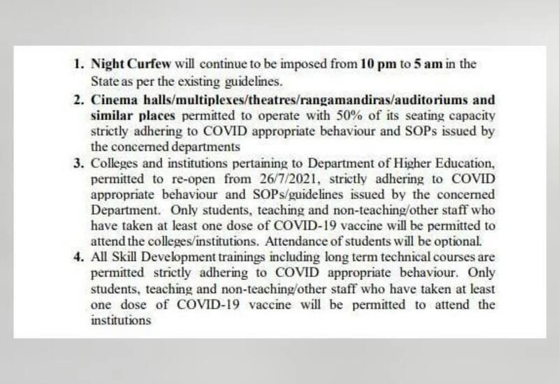 कर्नाटक में 2 अगस्त तक बढे कोरोना प्रतिबंध; सिनेमाघरों को 50% क्षमता पर खोलने की अनुमति