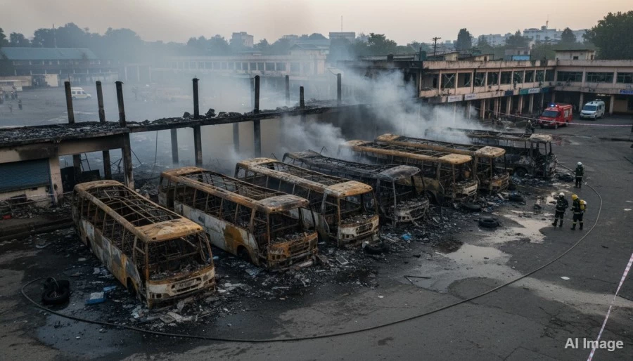 कुपवाड़ा बस स्टैंड पर भीषण अग्निकांड: 7 बसें जलकर राख, भारी नुकसान
