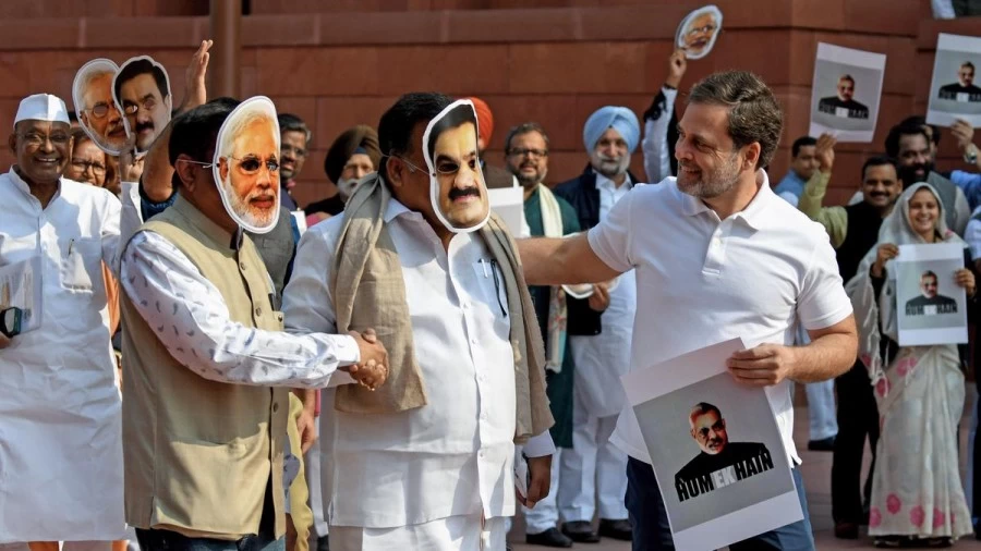On Monday, Rahul interviewed MPs wearing Modi-Adani masks in Parliament