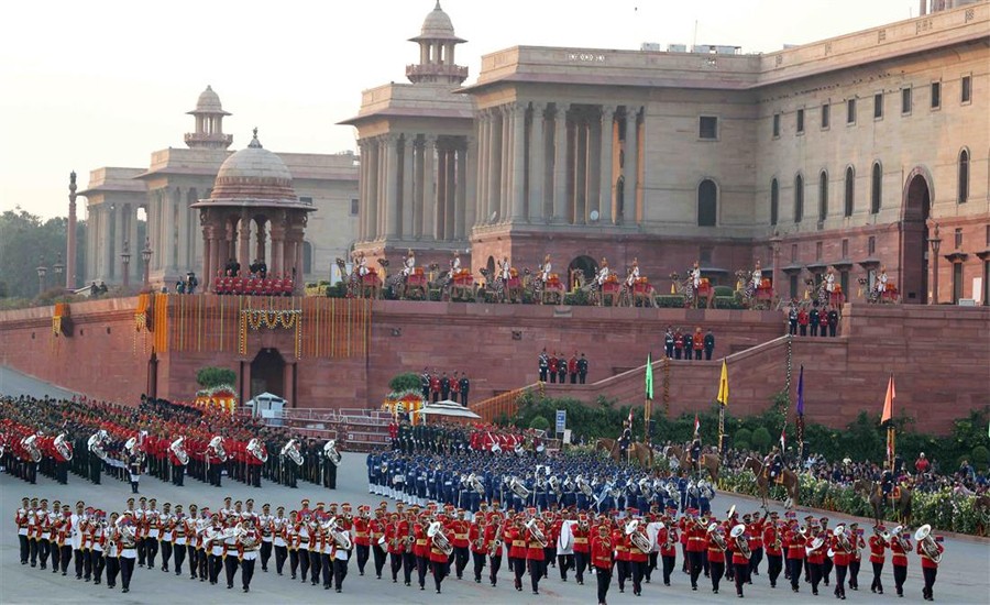 Indian Navy Band Performing At The ‘Beating Retreat’ Ceremony, At Vijay Chowk