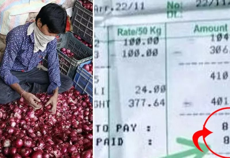 Farmer heart broke after traveling 415KM got only 8 rupees 36 paise for 205 kg onion in mandi