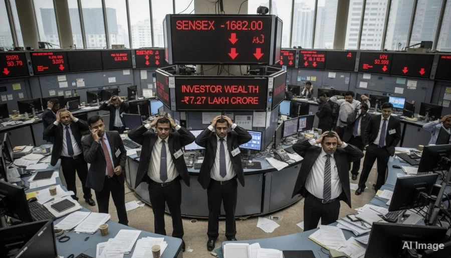 शेयर बाजार धड़ाम: सेंसेक्स 1682 अंक टूटा, निवेशकों के ₹7.27 लाख करोड़ डूबे