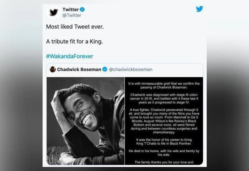 Tweet From Boseman S Account Announcing His Death Becomes Most Liked Tweet